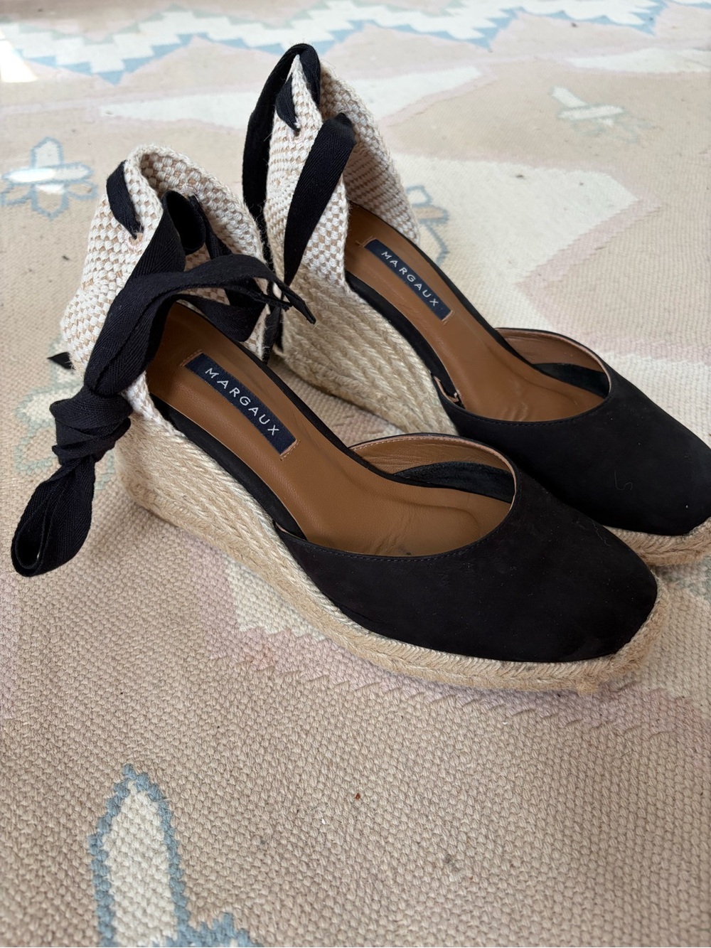 Margaux Black Espadrille Wedge Sandals with Tie Ankle Straps